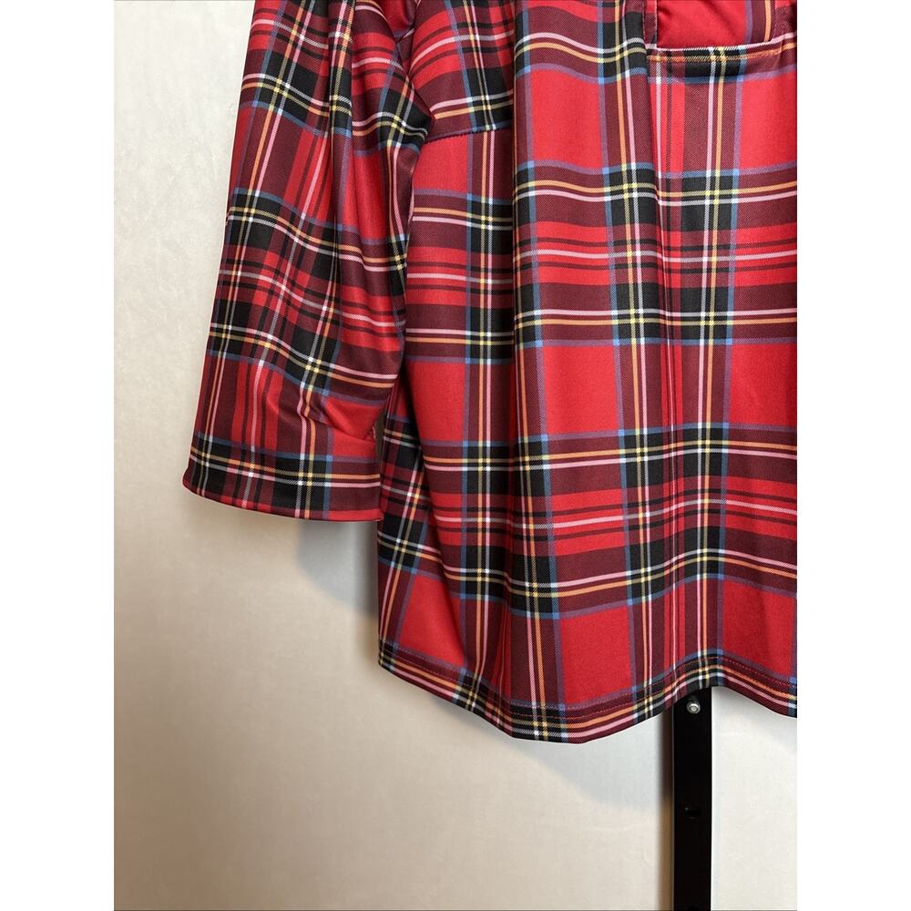 Gretchen Scott Ruffneck Top Womens XL Red Plaid 3/4 Sleeve Contrast Cuff Festive - Picture 4 of 11